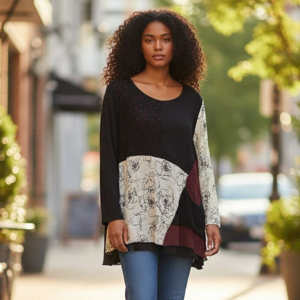 Ali Miles Large Top Mixed Media Art To Wear Black Red Ivory Floral Lace Tunic